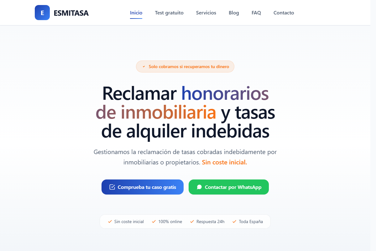 ESMITASA.es, plataforma para reclamar honorarios de inmobiliaria y tasas de alquiler indebidas con hero, CTA y beneficios