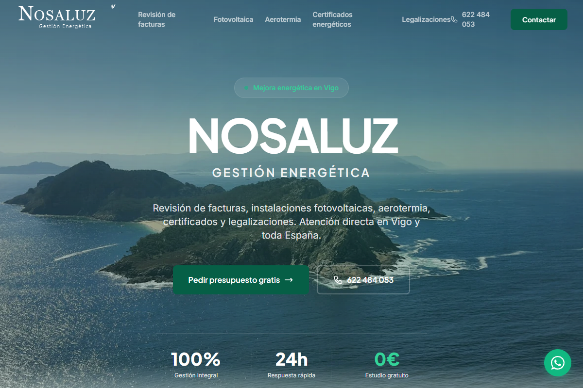 nosaluz.com, web de gestión energética en Vigo con hero, servicios de ahorro en factura, certificados y legalizaciones