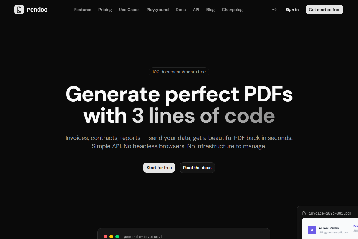 rendoc.dev, landing de producto SaaS con dashboard, API REST y generador automatico de PDF